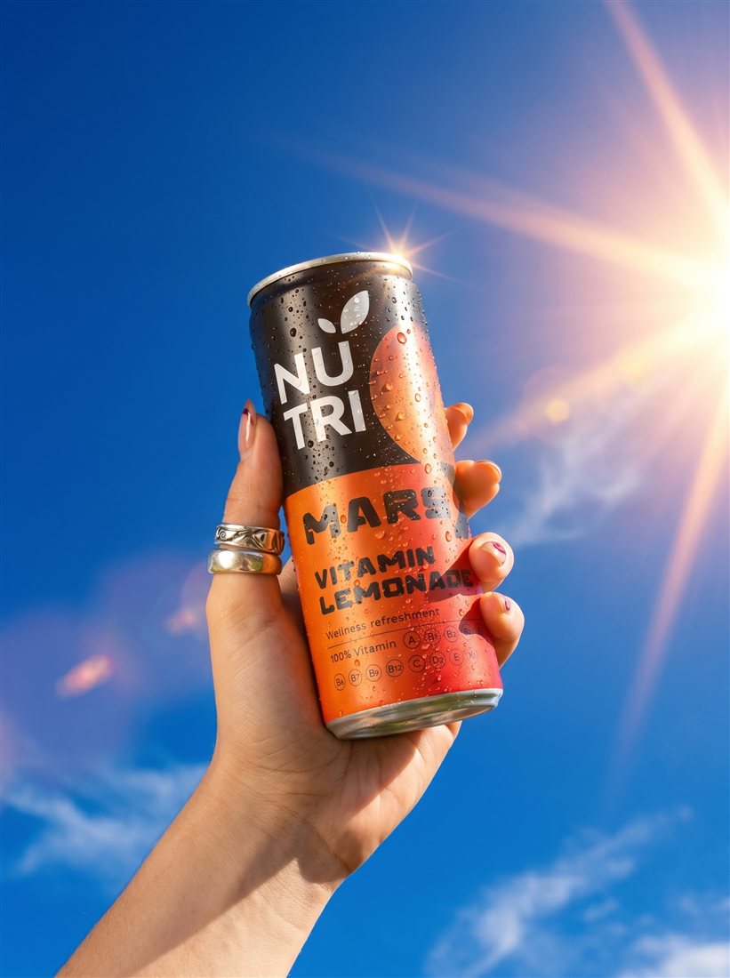 Hand holding NUTRI Mars X against a blue sky